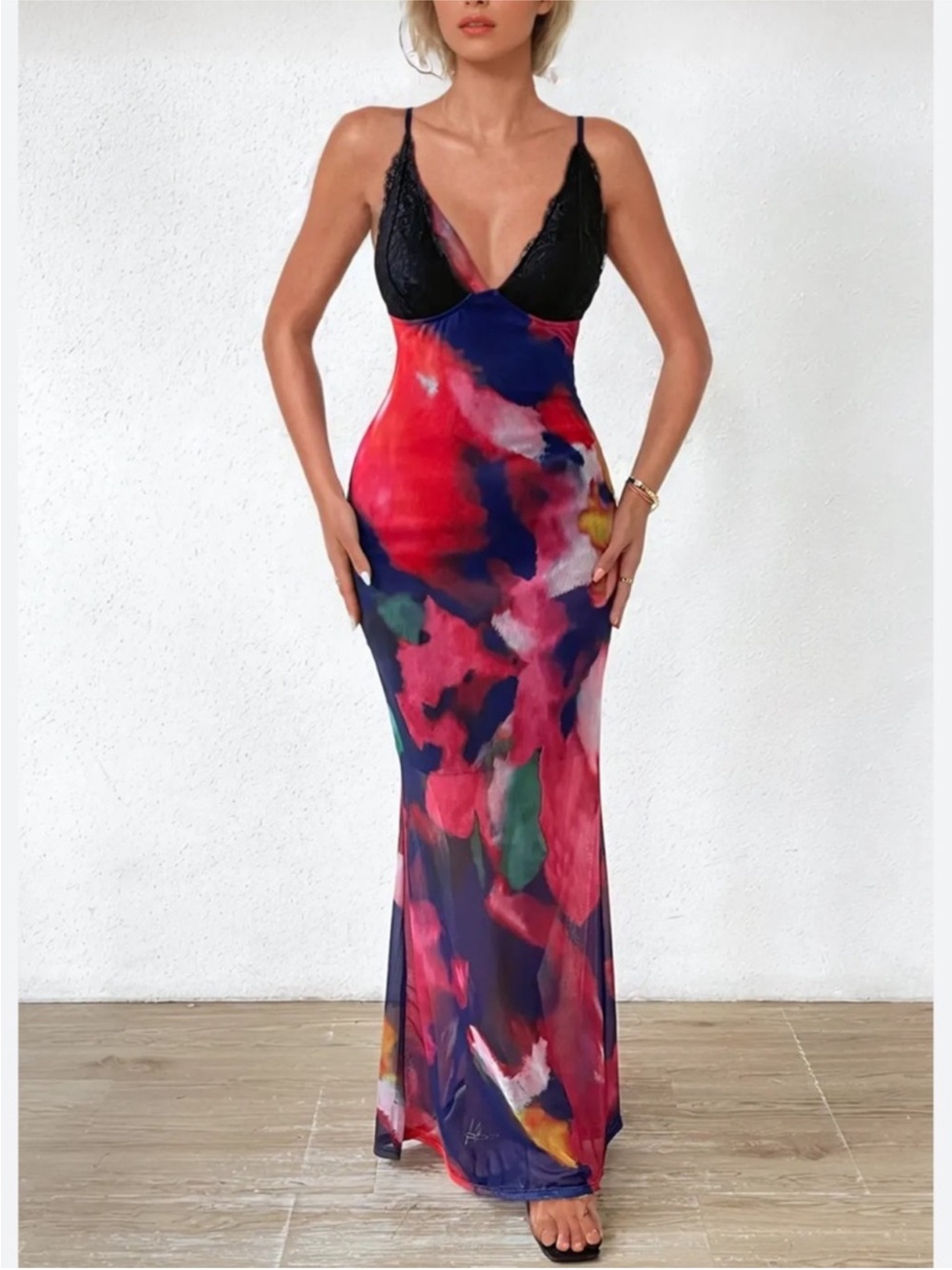 Multiwatercolor maxi Dress with Black Lace
